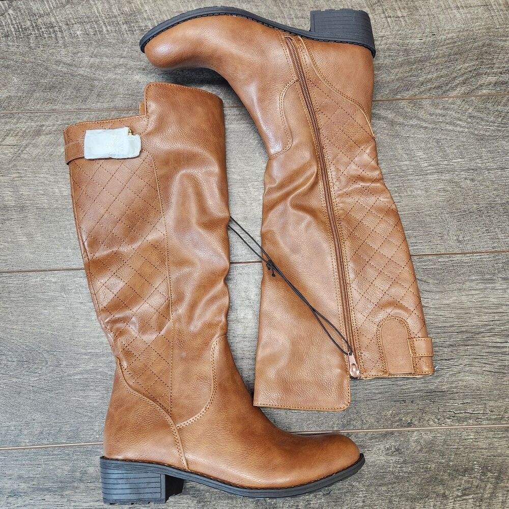 NEW Women's Brown Dress Casual Fashion Buckle Zip Quilted Low Heel Knee High Boo